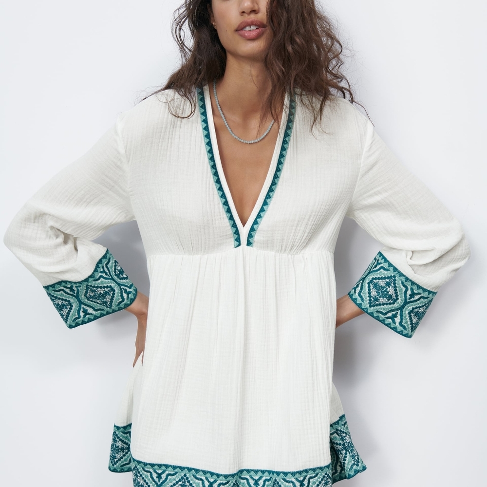 ZARA WHITE COMBINATION TEXTURED DRESS